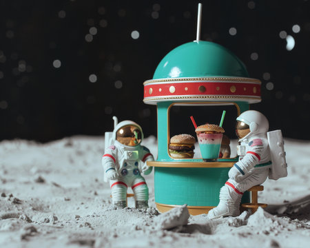 Astronauts enjoy burgers and drinks at a whimsical moon food stand, set against a starry lunar backdrop.の素材