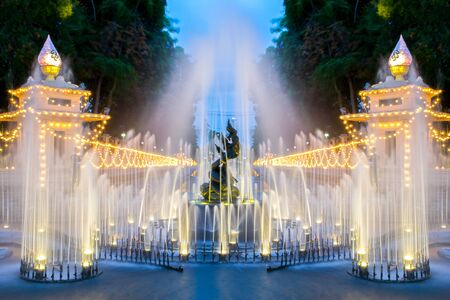 Fountain with light in the city.の写真素材