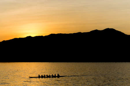 sunset at boat in river.の写真素材