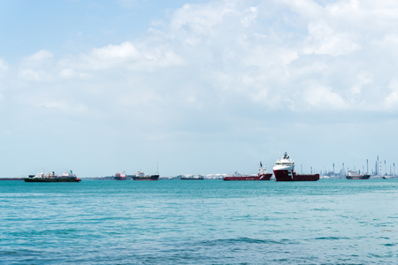 Container ship at anchor on the horizonのeditorial素材