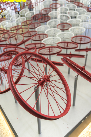 Bicycle wheels pattern decorate to background.の写真素材