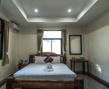 Tropical bedroom interior with double bed and seascape viewのeditorial素材