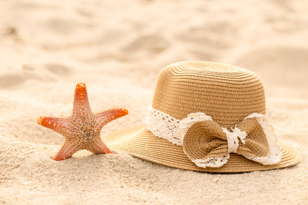 Starfish and hat on the beach,Concept summerの写真素材