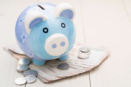 Blue piggy bankの写真素材