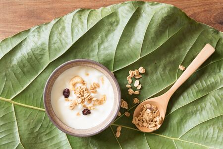 Yogurt sprinkled with cereal in a cup on a leafの写真素材