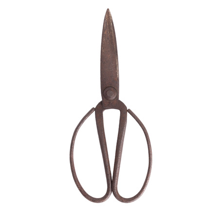 Old scissors on white background,Isolated steel scissors with rustの写真素材