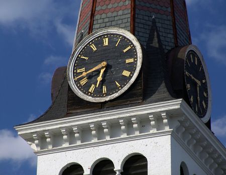 Shows weathered clock face on old new england churchの写真素材