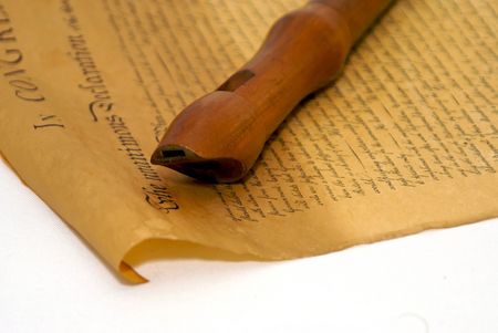 woodwind instrument, the recorder laying on old parchment doument, copy of declaration of independenceの写真素材