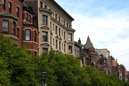 houses and trees along commonwealth avenue in the back bay of boston massachusettsの写真素材