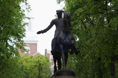 public statue of paul revere on horse located in the paul revere mall in teh north end of boston massachusettsの写真素材