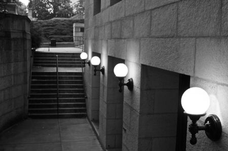 row of lights and stairs leading down into the basement of the massachusetts state  in bostonの写真素材