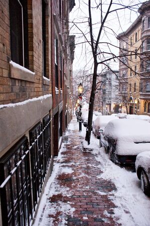 looking down beacon hill in boston after an early winter snow stormの写真素材