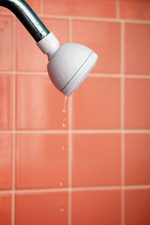 a white plastic showerhead attached to a rusty metal pipe is leaking, bathroom wall tiles are in the backgroundの写真素材