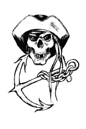 original black and white  illustration of pirate skull with anchor and chainの写真素材