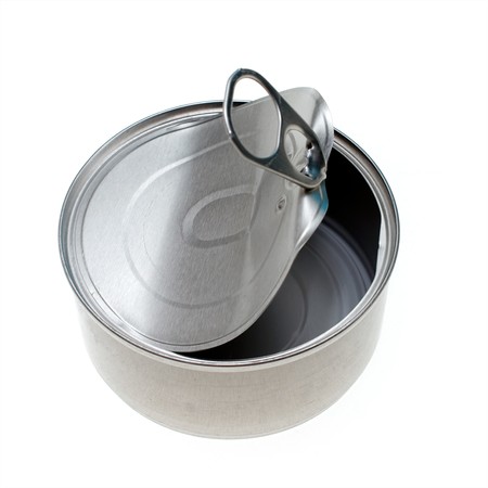 looking down on silver metal cat food  can, can is open and empty, with pull tab lid curled back.の写真素材
