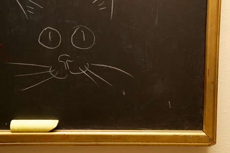 A big yellow piece of chalk lays on the tray of a school room black board with a cartoon cat drawn on it.Note: Cat was drawn by photographer.の写真素材