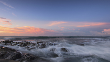 The beautiful scenery of the dusk in Kudat Sabah Borneo. Long exposure photograph with grain. Image contain certain grain or noise and soft focus.の写真素材