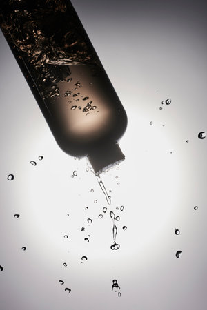 Pipette with drop of oil on white background, close upの写真素材