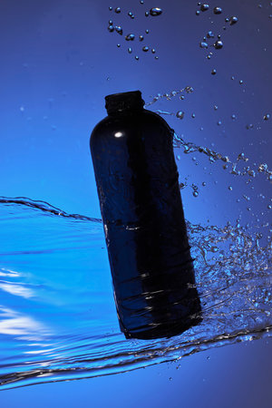 bottle of water with splashes on blue background, studio shot