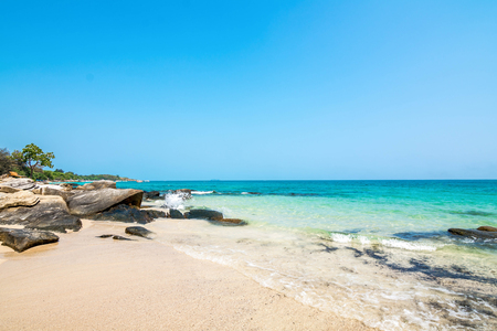 Clear water and Beautiful White Sand Beach with Stone shores on Samet Island, Rayong, Thailand.の写真素材