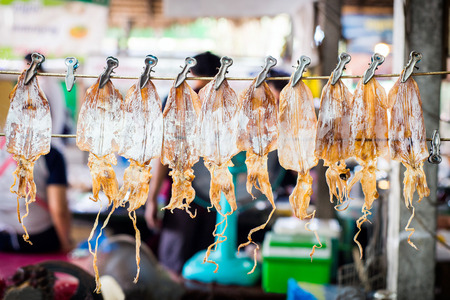 dried squid on rope clamps.の写真素材