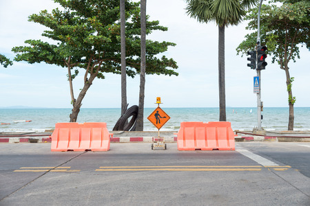 Warning sign Beach Road was closed for renovations.の写真素材