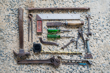 Old Tools set Placed on the cement floor.の写真素材