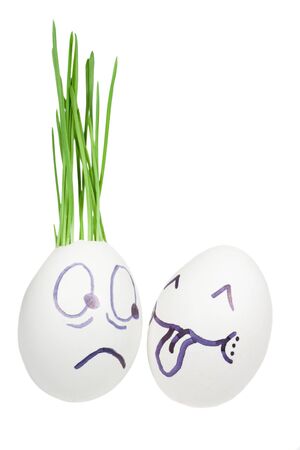 Chicken egg with a germinating grass.  Ludicrous image of in love persons の写真素材