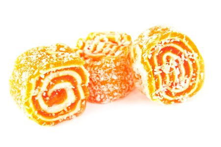 Fruit jellies. Jelly candies isolated on a white backgroundの写真素材