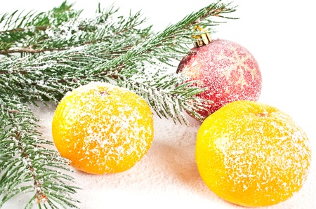 Christmas and new-year decorations. Snow fir tree branch with decoration tangerine and ball on a white backgroundの写真素材