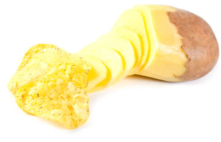 Fried potato chips and raw potato on white background の写真素材