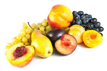 plum, pear, vine, peach on a white backgroundの写真素材