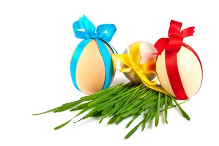 decorated easter eggs in the green grass on a white backgroundの写真素材