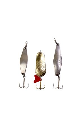 Four fishing floating wobbler hanging top of the screen isolated on whiteの写真素材