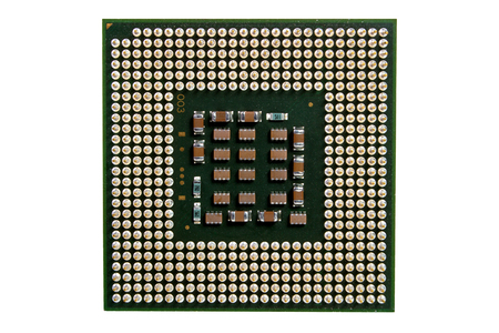 The micro elements of computer central processor unit, CPU contact pins close up.の写真素材