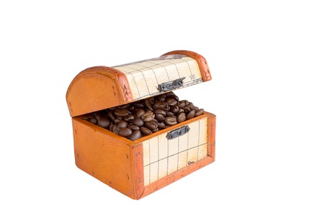 coffee beans and old treasure Chest on white backgroundの写真素材