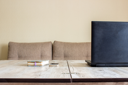 Working place, home desk, Laptop, phone, notebookの写真素材
