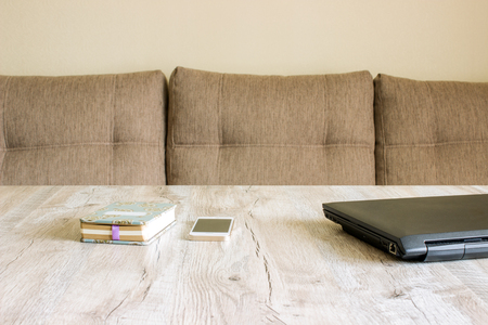 Working place, home desk, Laptop, phone, notebookの写真素材