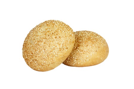 Two Tasty round bun with sesame seeds for burger on white background,