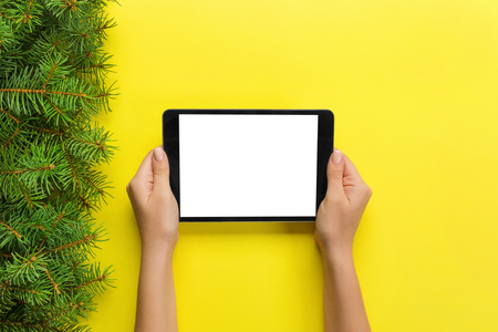 female hands with tablet computer on yellow christmas background. Xmas tree branch top view.の写真素材