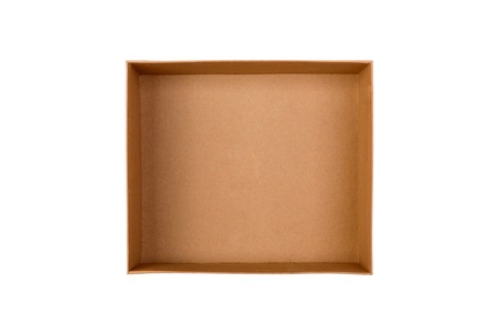 Opened brown blank cardboard box isolated on white background, top view.の写真素材