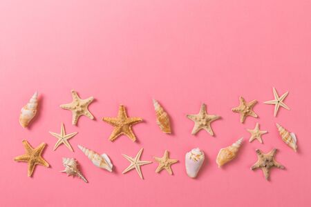 A lot of seashells and starfishon pink background with copy space.の写真素材