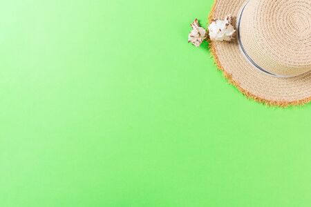 Summer holiday background with straw hat and seashells on green background top view with copy space.