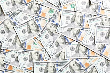 Top view of American money background. Pile of dollar cash. Paper banknotes concept.の写真素材