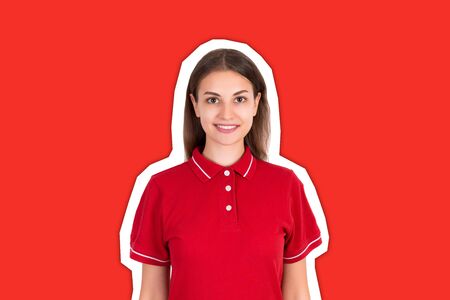 Isolated portrait of a delivery young woman Magazine collage style with trendy color background.の写真素材