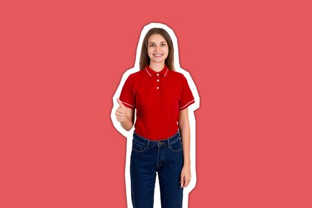 A portrait of pretty smiling delivery girl showing thumb up Magazine collage style with trendy color background.の写真素材