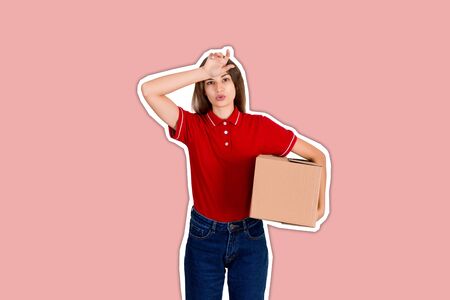 Delivery woman feels tired after delivering a heavy parcel Magazine collage style with trendy color...