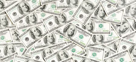Top view of American money background. Pile of dollar cash. Paper banknotes concept.の写真素材