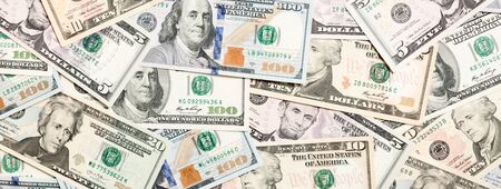 Top view of various dollar cash background. Different banknotes concept. Wealth and rich concept.