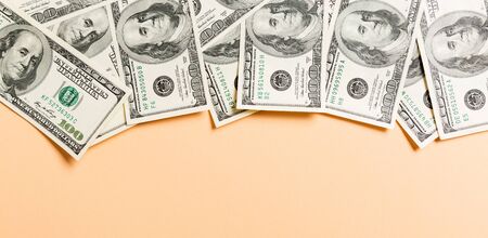 one hundred dollar bills Top view of business concept on background with copy space.の写真素材